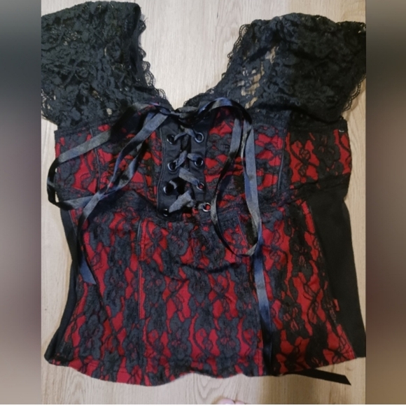 Tripp NYC Black and Red Lace Tie Front Corset - Picture 1 of 4